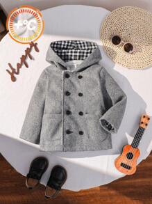 男婴/女婴灰色格子双排扣连帽厚羊毛中长夹克，学院风百搭休闲百搭适合室内外，秋冬