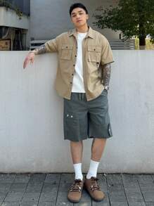 DAZY Summer Khaki Pocket Drawstring Decorated Men's Outdoor Shirt