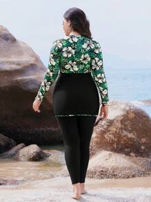 Swim Mulvari Plus Size Women 2 Pieces Set Random Print Zipper Long Sleeve Round Neck Top With Skirt Bottom, Conservative Modest Swimwear, Vacation Casual Burkinis For Summer - Multicolor - View 2