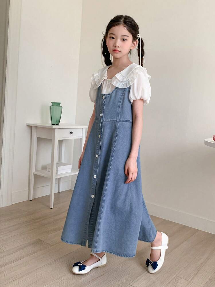 Tween Girls Solid Color Peter Pan Collar Puff Sleeve Blouse + Buttoned Front Denim Overall Dress 2 Pieces Set,Girls Summer Outfits,Back To School Clothes