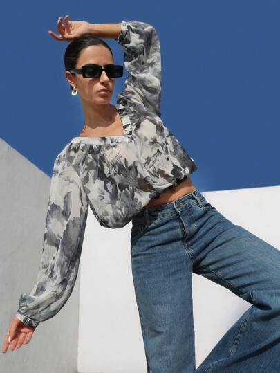 SHEIN Privé Blusa holgada elegante y chic con cuello en V transparente de gasa, con estampado de hojas y flores, y mangas abullonadas para mujeres