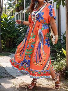 EMERY ROSE Summer Plus Size V-Neck Batwing Sleeve Holiday Style Colored Printed Dress (Random Print) Maxi Women Outfit