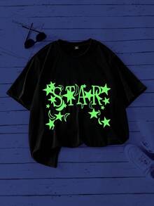 Men's Black Background Glow-In-The-Dark Starry Small Crew Neck Short Sleeve T-Shirt - Black - View 5