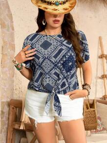 SHEIN LUNE 大码女式碎花圆领短袖休闲衬衫女式春季女式夏季女式复活节女式西部装女式夏季度假 - 彩色 - 查看 3