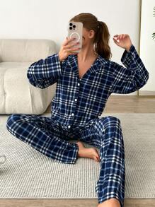 RueChic 2pcs Women Soft Touch Suede Button Front Detail Plaid Pattern PJ Set - Multicolor - View 5