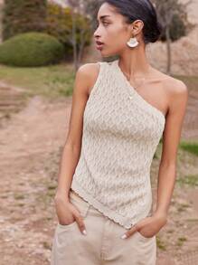Maija 女士夏季休闲露背镂空无袖针织背心，百搭 - 卡其色 - 查看 2