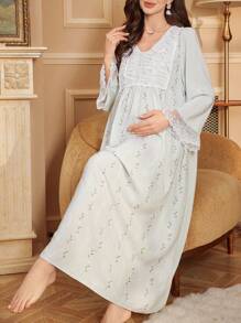 PalaceNights 宫廷风V领半开襟刺绣长袖孕妇睡裙娃娃衫奢华家居服，适合秋冬季穿着