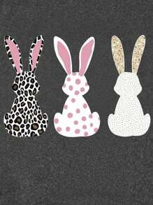 SHEIN Unity 女士豹纹印花和波尔卡圆点复活节图案正面舒适短袖 T 恤，适合居家、旅行、度假休闲 - 深灰色 - 查看 5