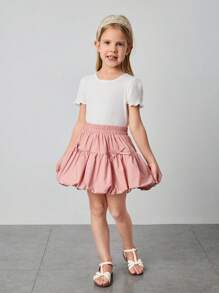 Maija Kids Maija Kids Falda de diseño de burbuja 3D estilo minimalista de remiendo para niña joven, de primavera y verano, con moño decorativo, corte evasé, elegante y casual para salidas, hogar, escuela, versátil, diseño combina con todo - Rosa vieja - Ver 3