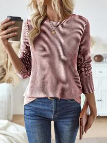 EMERY ROSE Camiseta holgada de manga larga con cuello redondo y rayas, camisetas gráficas de mujer para otoño y primavera