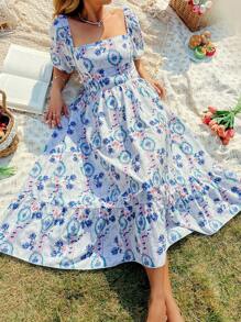 Flirla 大码女式优雅通勤、约会、休闲、度假花卉和植物印花方领泡泡袖短袖连衣裙 - 彩色 - 查看 5
