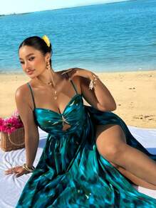 Sunnyshic Plus Size Women's Charming Print Front Twist Hollow-Out High Slit Dress, Vacation Vibe