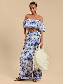 Travachic 女式梭织印花露肩荷叶边下摆短款上衣