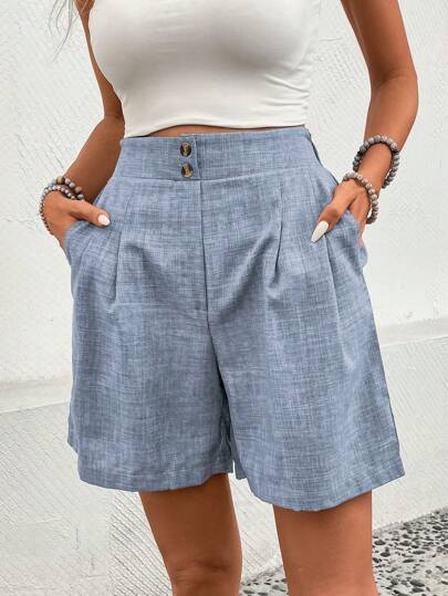 EMERY ROSE Women's Solid Color Button Pocket Pleated Casual Shorts