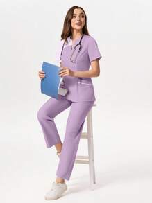 TaskEZ Medical Pajama Uniform Set With Short Sleeve V-Neck Top And Contrasting Pants - Purple Lilac - View 5