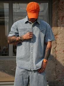 DAZY 男士夏季休闲蓝色衬衫和短裤套装 - 藍色 - 查看 4