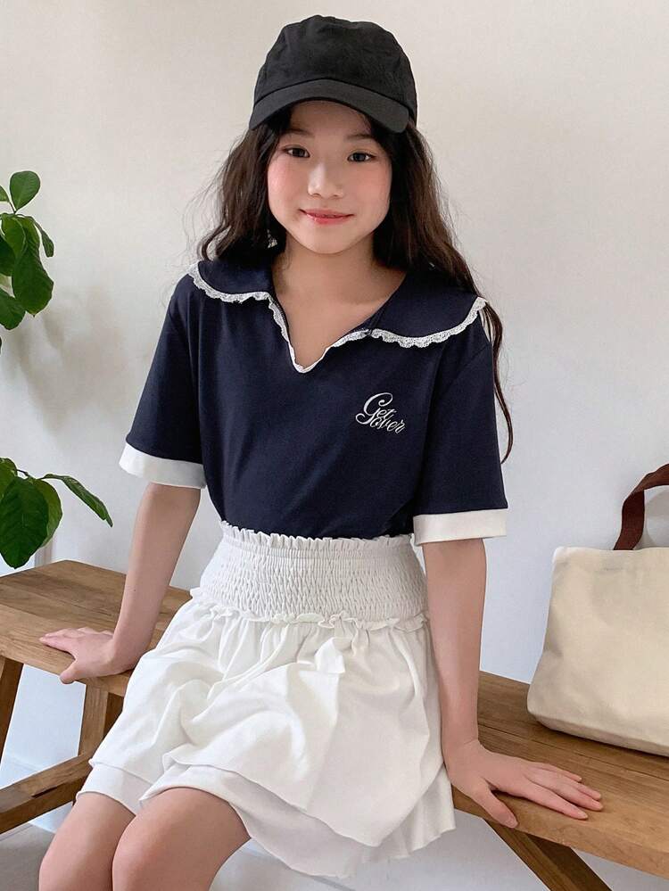 2pcs/Set Tween Girl Letter Print Short Sleeve Top And Waist Tie Skirt