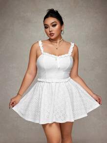 SHEIN ICON Conjunto de 2 piezas para tallas grandes: Camisola con cuello cuadrado y volantes en el bajo y falda evasé, atuendo para invitada a una boda, vacaciones de primavera y salida nocturna - Blanco - Ver 2
