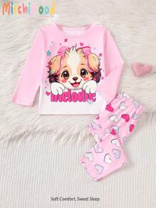 2pcs Baby Girls' Cute Dog & Heart Print Casual Home Outfit, Long Sleeves T-Shirt And Pants Set