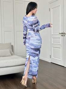 Modelyn Váy bó sát tay lưới co giãn nhuộm loang cho nữ, thiết kế thanh lịch - Màu xanh lam - Xem 2