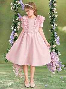 SHEIN Vestido Casual Ajustado com Babado na Barra, Cor Sólida para Meninas Pré-Adolescentes - Rosa chiclete - Visão 6