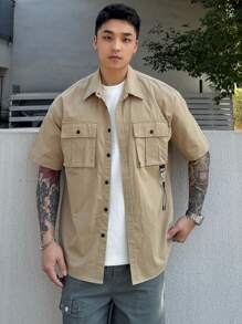 DAZY Summer Khaki Pocket Drawstring Decorated Men's Outdoor Shirt
