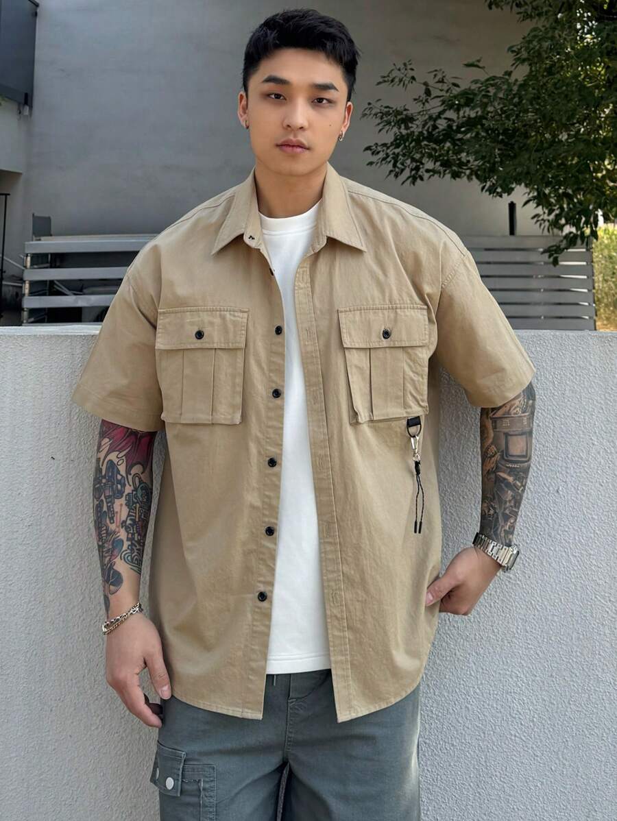DAZY Summer Khaki Pocket Drawstring Decorated Men's Outdoor Shirt