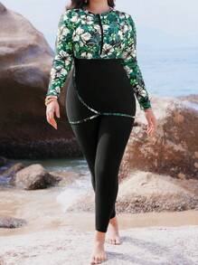 Swim Mulvari Plus Size Women 2 Pieces Set Random Print Zipper Long Sleeve Round Neck Top With Skirt Bottom, Conservative Modest Swimwear, Vacation Casual Burkinis For Summer - Multicolor - View 1