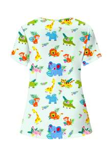 PopScrub Colorful Cute Cartoon Animal Auspicious Print V-Neck Short Sleeve Pocket Nursing Scrub Uniform Top Set Scrub Set Nurse Dresses Scrub Tops Scrub Bottoms Lab Coats Scrub Outwear Print V Neck Frosted Scrub Top, Casual Short Sleeve Work Wear, Women Sweetheart V-Neck Ruched Blouse, Women Short Sleeve V-Neck Nurse Scrub Uniform Shirt With 2 Pockets, Soft Stretchy Ruched Graphic Tee - Multicolor - View 2
