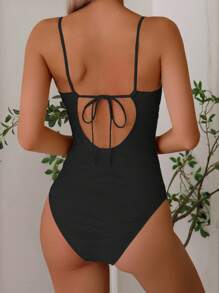 SHEIN Swim 女士夏季沙滩装纯色纹理面料贝壳聚拢系带修身度假休闲连体泳衣