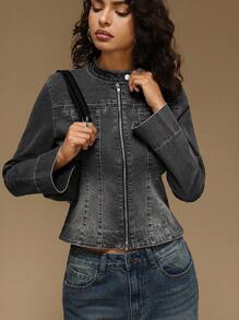 Forever 21 Women's Distressed Denim Jacket With Zipper And Waist Drawcord - Black - View 4