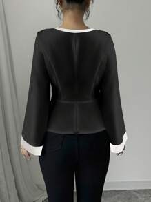 Elenzga Women's Elegant Commuting Color Block Flared Cuff Blouse