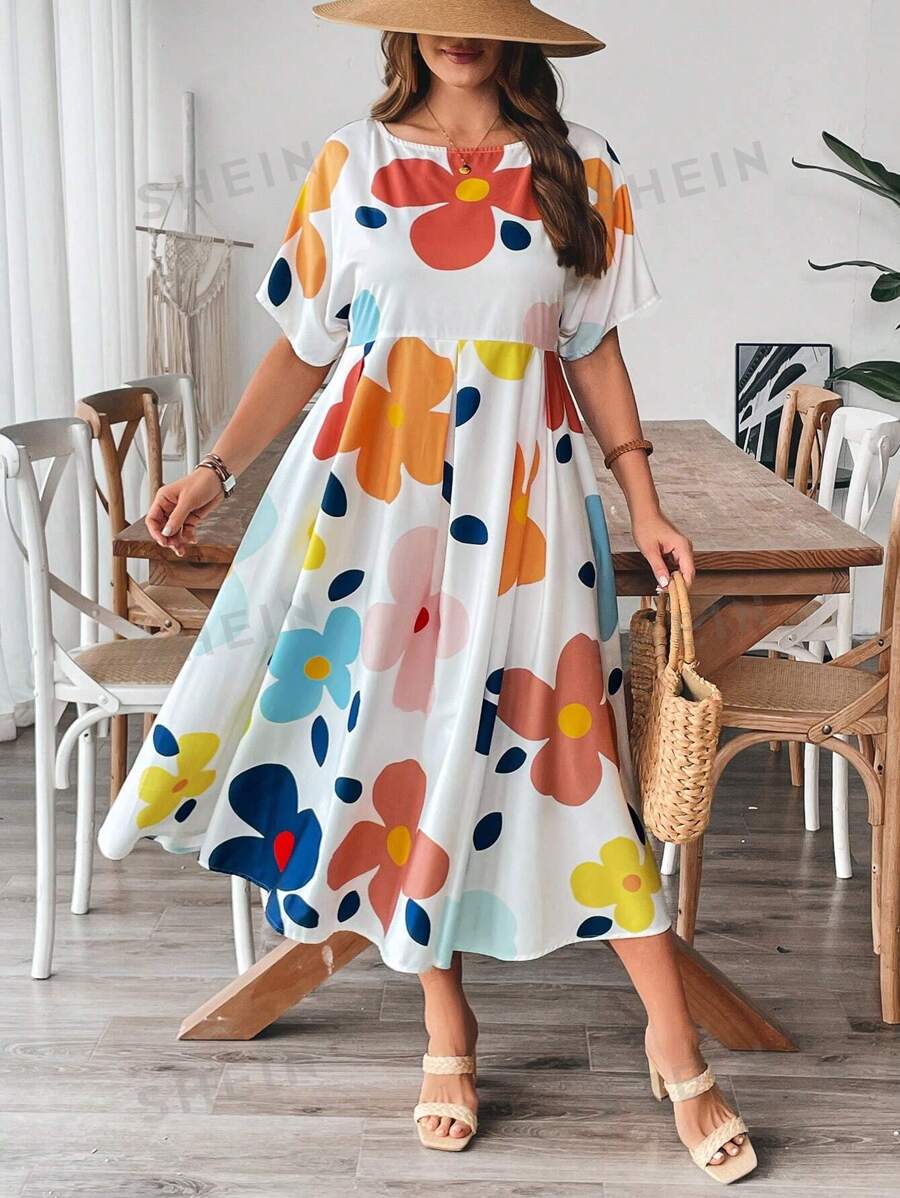 Breezaya Vestido de manga corta con estampado floral dulce de talla grande
