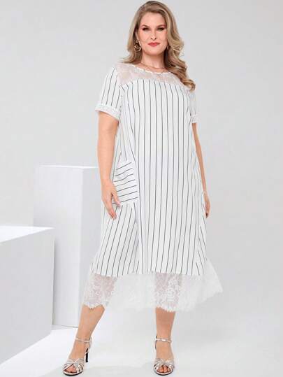 EMERY ROSE Plus Size Women Contrast Lace Round Neck Striped Casual Dress,Elegant Women Clothes,Summer Outfits For Women/Summer,Summer Clothes,Vacation Outfits Woman / Vacation,Modest Clothes