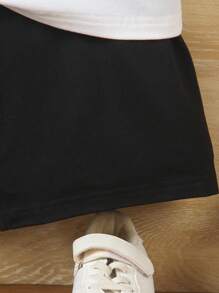 SHEIN 2 Summer Toddler Sets: 1 White Short Sleeved T-Shirt Paired With Black Sports Shorts. Suitable For Daily Wear, Vacation, School, And Sports
