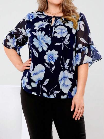 EMERY ROSE 大码女式花卉印花系带短袖宽松衬衫