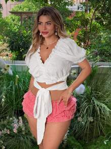 Flirla Plus Size Women Solid Color Puff Sleeve Crop Shirt - White - View 5