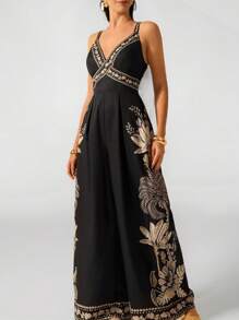 SHEIN Tall 女士波西米亚风香蕉树和椰子树印花无袖黑色长款连体裤假日休闲海滩夏季连体裤 - 彩色 - 查看 1