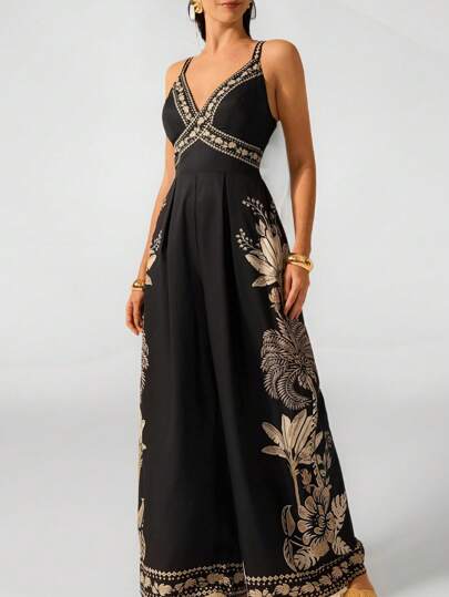 SHEIN Tall 女士波西米亚风香蕉树和椰子树印花无袖黑色长款连体裤假日休闲海滩夏季连体裤