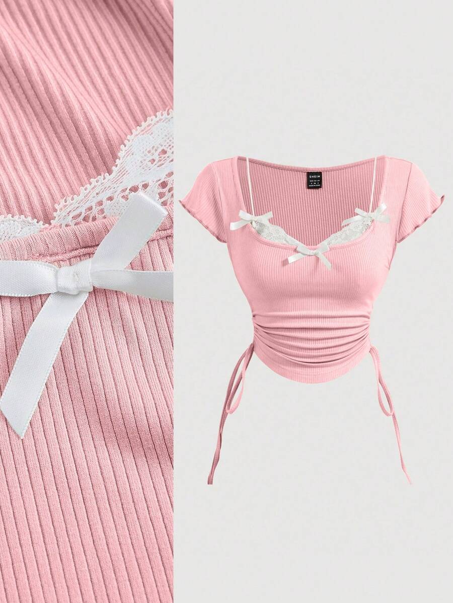 SHEIN MOD Plus Size Green Vintage Style 2 In 1 Lace Bow Drawstring Short Sleeve T-Shirt