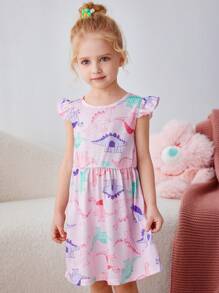 Vestido Estampado com Dinossauro para Bebê Menina, Vestido Simples e Estiloso de Primavera e Verão para Bebê Menina, Vestido Rosa Fofo de Verão para Bebês - Rosa chiclete - Visão 2