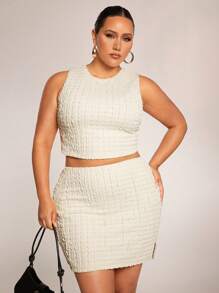 SHEIN BAE 2pcs/Set Plus Size Women White Summer Elegant Party Apricot Marl Round Neck Vest Crop Top And Mini Skirt Set,Casual High Street For Outing,Office Wear - Apricot - View 6