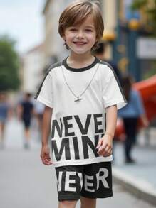SHEIN Young Boy Casual Letter Print Splicing Short Sleeve T-Shirt And Shorts Set, Spring/Summer,Holiday,Summer,Travel