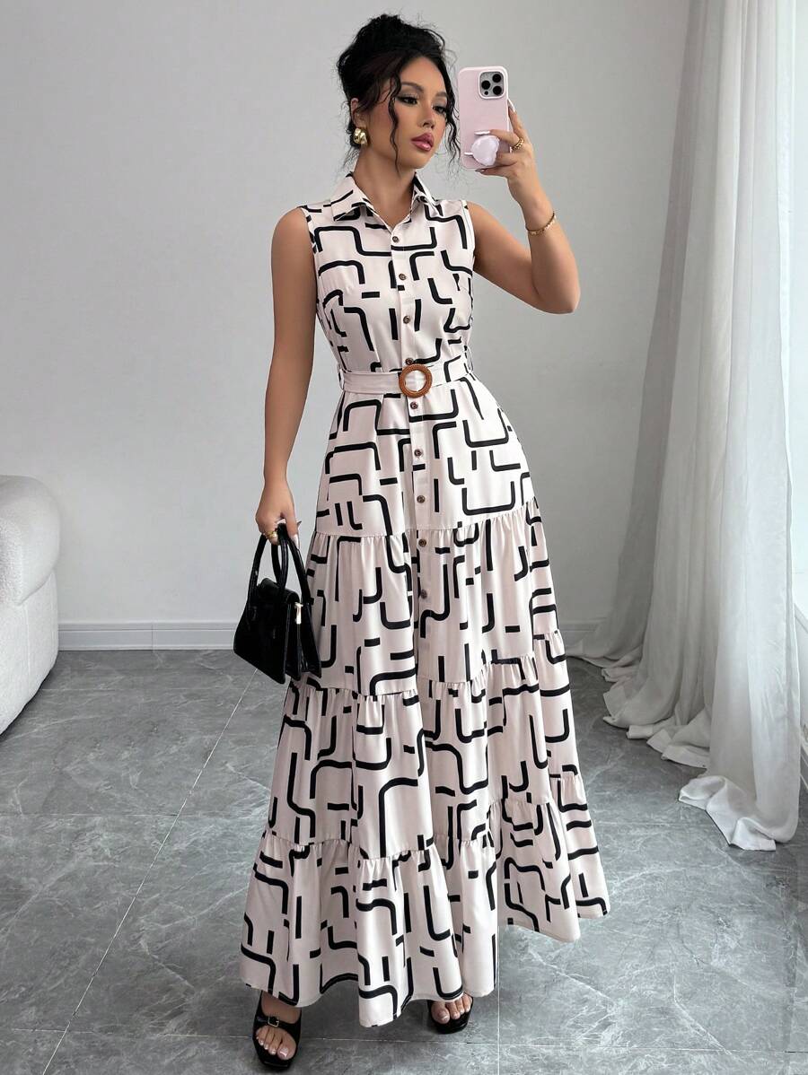 Elenzga New V-Neck Graphic Print Button Sleeveless Tie Cinched Waist Women Dress - Apricot - View 1