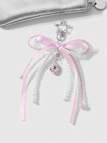 ROMWE Kawaii 1 件甜美优雅时尚手工串珠白色仿珍珠水晶水钻蝴蝶结星月心形吊坠钥匙扣，适合女孩/女士日常佩戴、节日礼物 - 粉色 - 查看 3