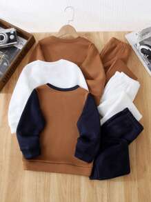 SHEIN 1 Obtén 6 piezas Conjunto de sudadera de cuello redondo de manga larga y pantalón de chándal de cintura elástica para niños pequeños, de unicolor y block de color, adecuado para volver a la escuela, cumpleaños, baby shower, fiesta de vacaciones, otoño/invierno, felpa, engrosado