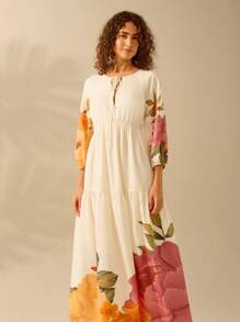 CAJUNI Women's Boho Floral Print Hollow Strap Bubble Sleeve Dress, Vacation Casual Tropical Beach Dress
