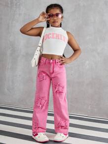 1pc Tween Girls Star Embroidered Straight Leg Jeans, Does Not Include Accessories