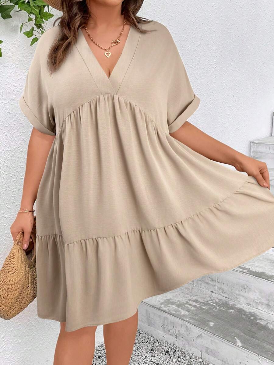 SHEIN VCAY Plus Size Solid Color Batwing Sleeve Casual Vacation Dress,Graduation Dress