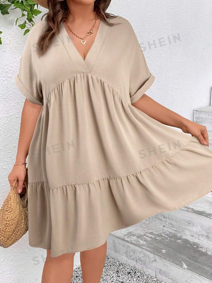 SHEIN VCAY Vestido casual de vacaciones con mangas tipo murciélago de unicolor talla grande - Albaricoque - Ver 1